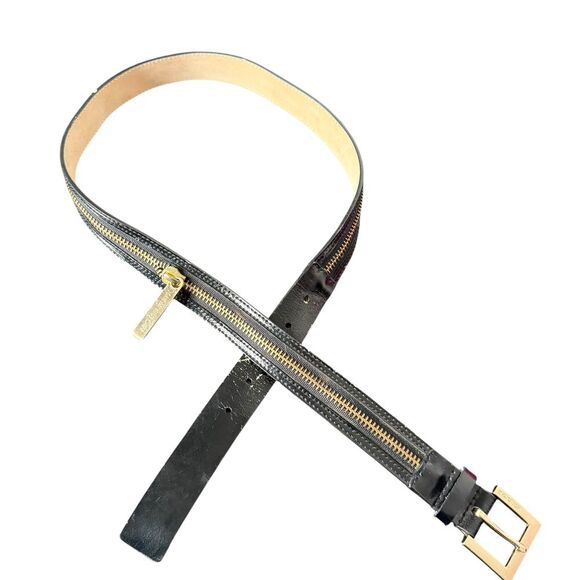 Michael Kors Accessories - Michael Kors Black Leather Belt Gold Buckle Zipper Detail Women Size L FLAW